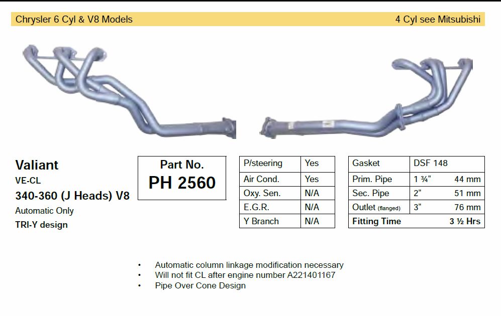 PACEMAKER HEADERS Chrysler & Valiant VE-CL 340-360 V8 with J Heads